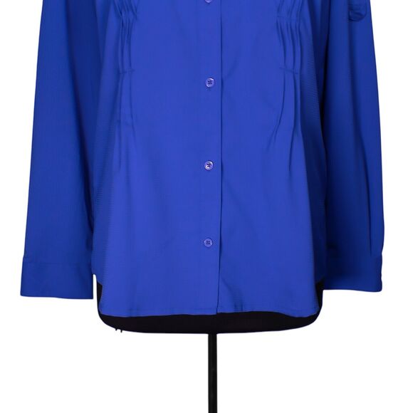 Columbia Womens Shirt Button Up Royal Blue PFG Omni Shade Pleated Pockets Top XL - Picture 7 of 10